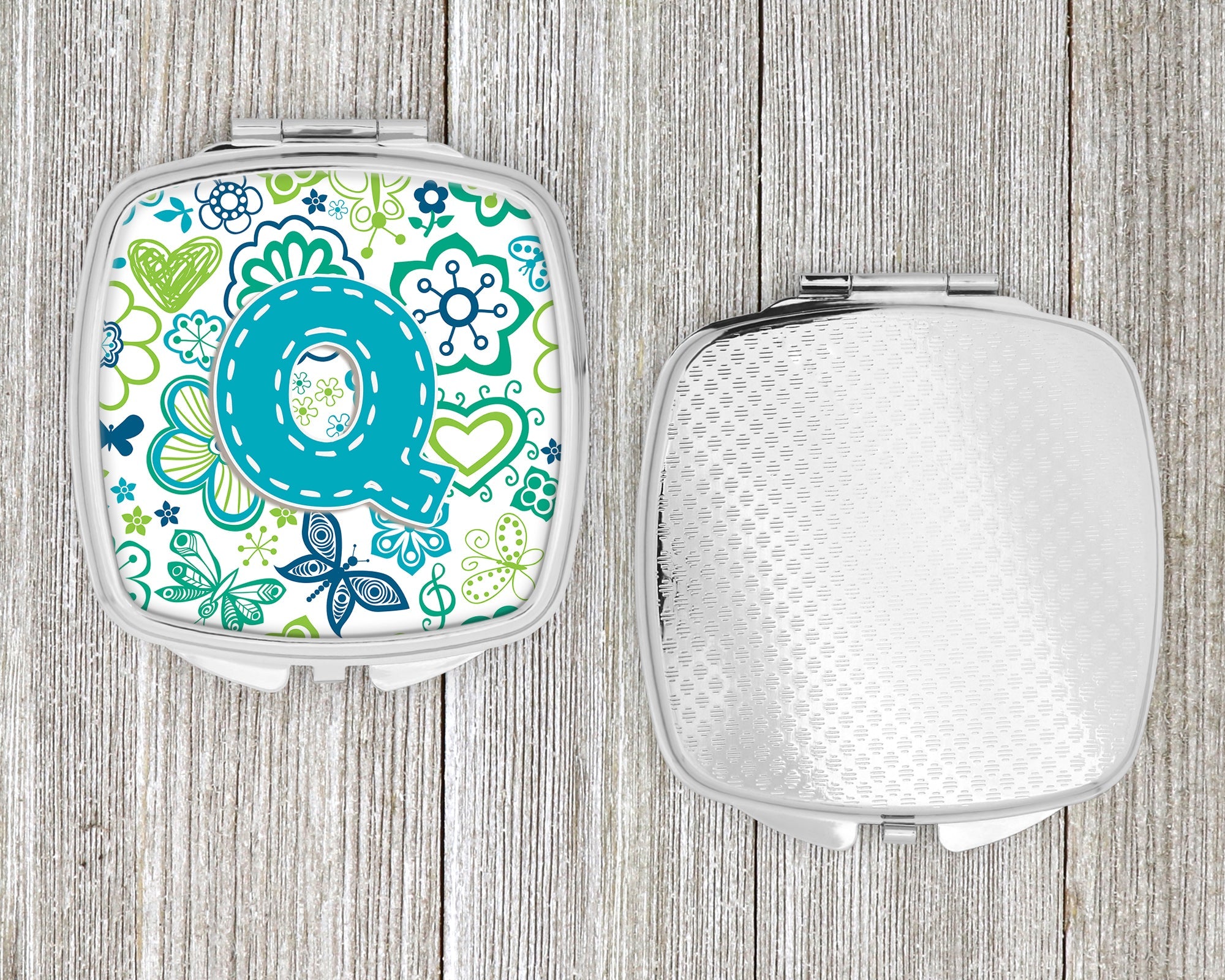 Letter Q Flowers and Butterflies Teal Blue Compact Mirror Decorative Travel Makeup Mirror for Women Girls Gifts Pocket Makeup Mirror Folding Handheld