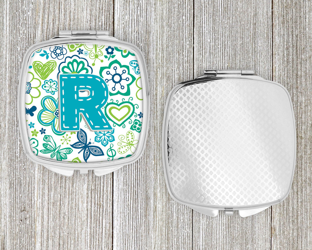 Letter R Flowers and Butterflies Teal Blue Compact Mirror Decorative Travel Makeup Mirror for Women Girls Gifts Pocket Makeup Mirror Folding Handheld