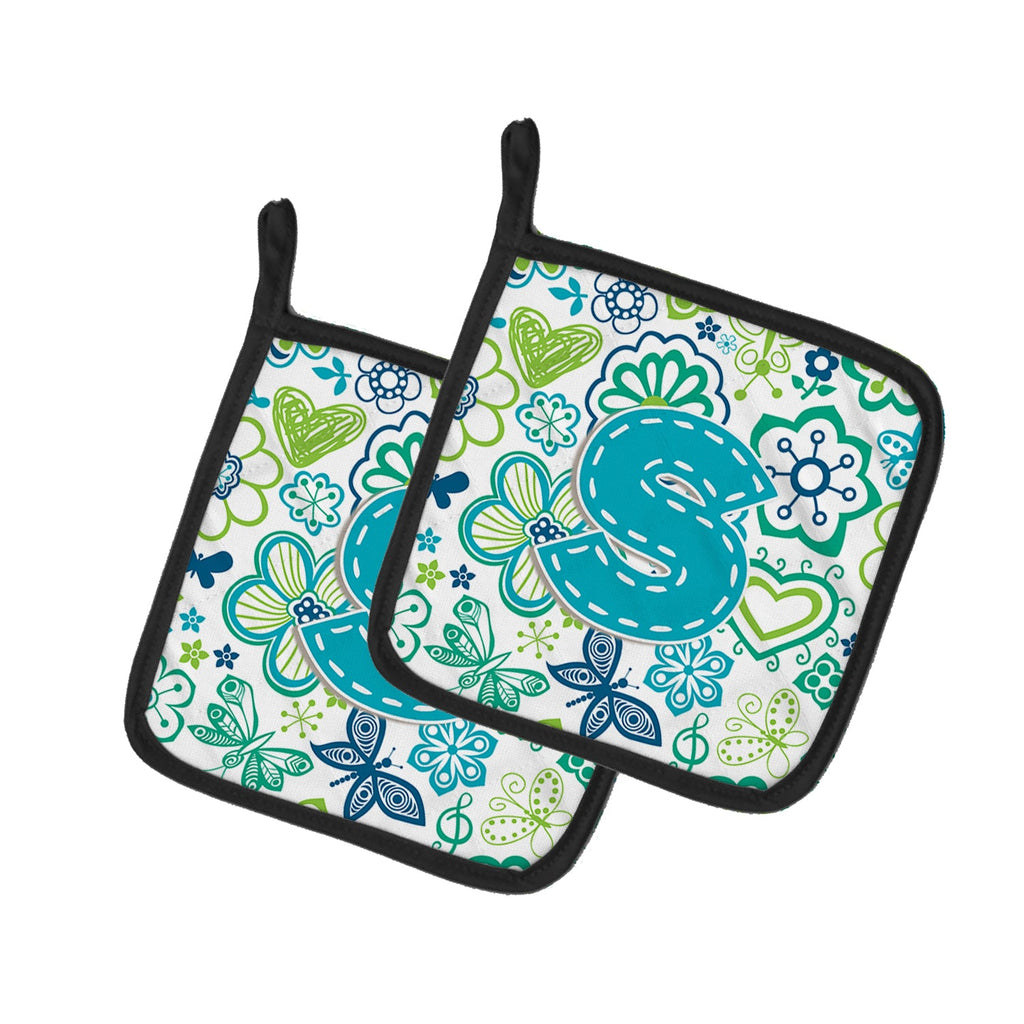 Letter S Flowers and Butterflies Teal Blue Pot Holder Set of 2 Heat Resistant Quilted Hot Pads 7.5 x 7.5 Inch, Insulated Kitchen Trivets for Cooking & Baking
