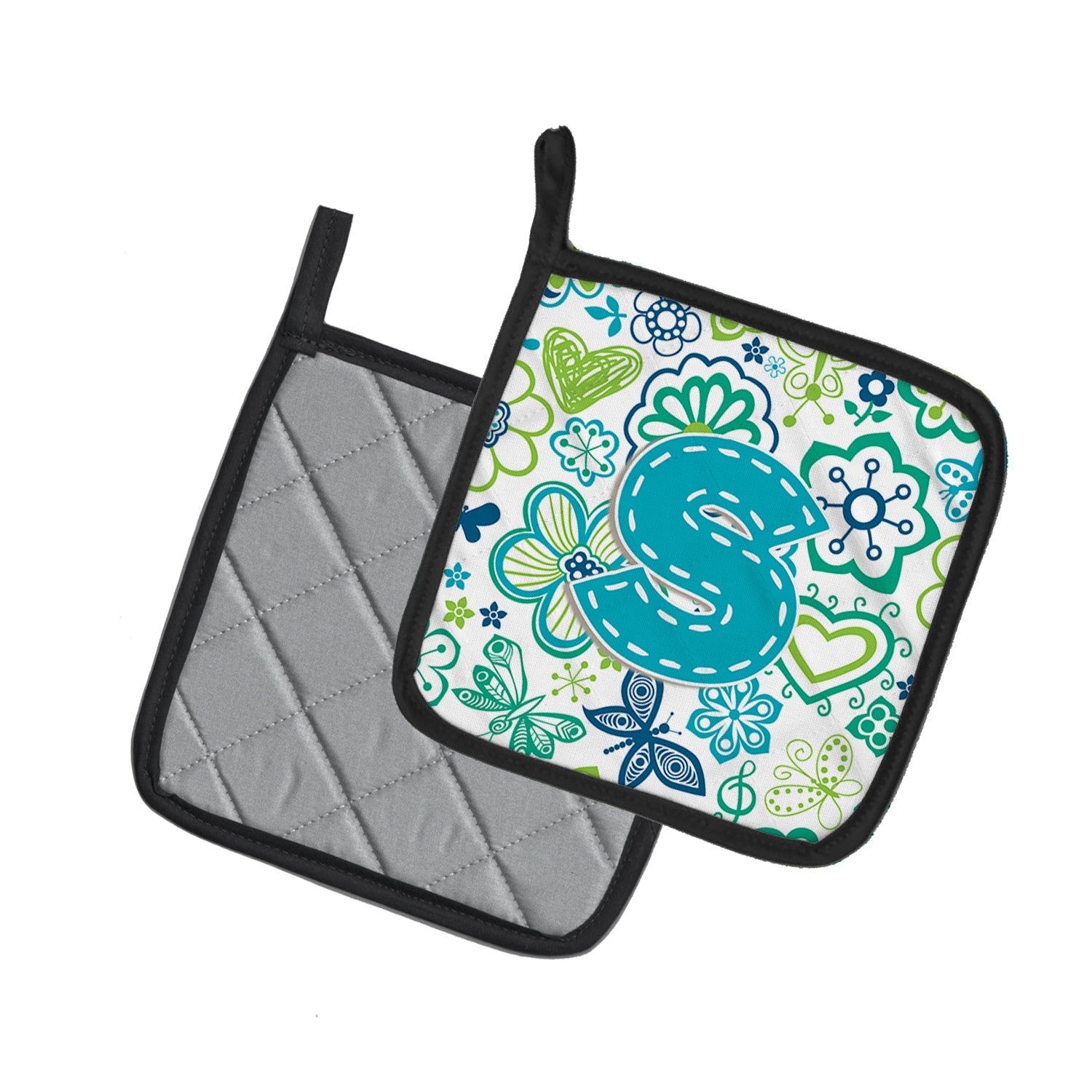 Letter S Flowers and Butterflies Teal Blue Pot Holder Set of 2 Heat Resistant Quilted Hot Pads 7.5 x 7.5 Inch, Insulated Kitchen Trivets for Cooking & Baking