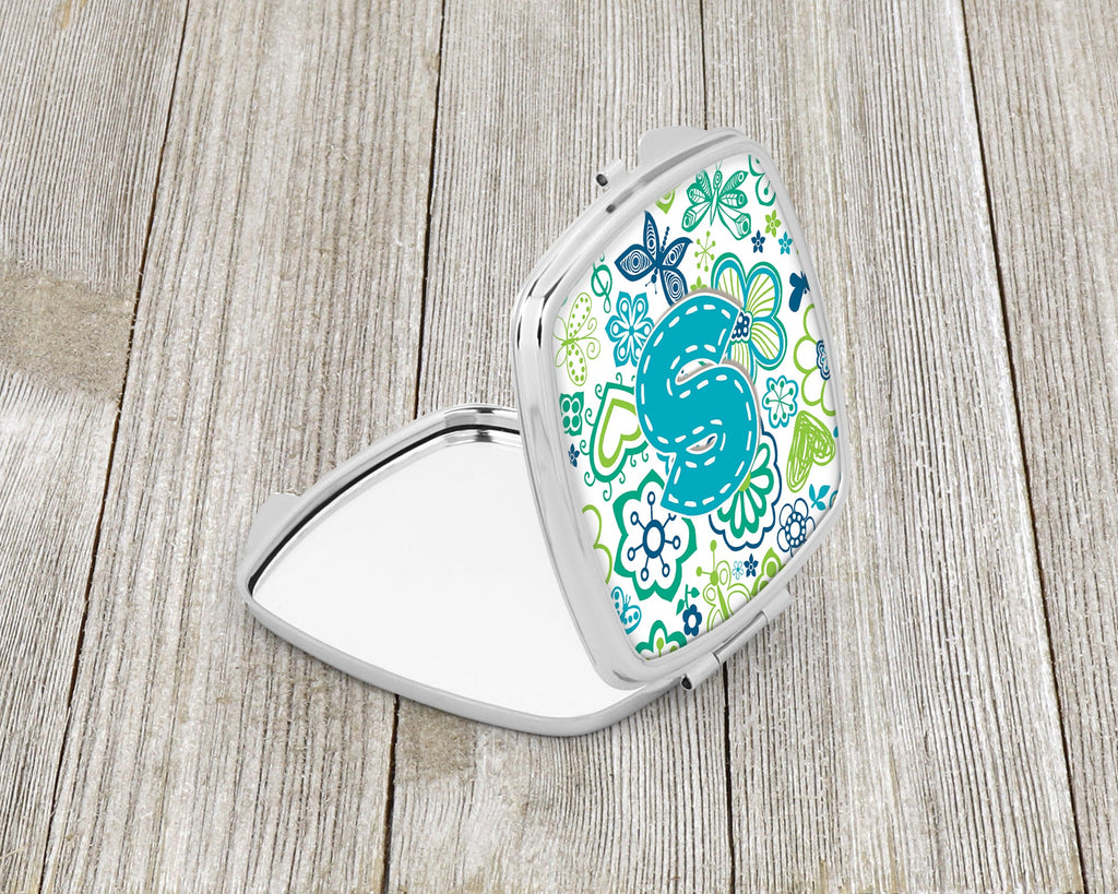 Letter S Flowers and Butterflies Teal Blue Compact Mirror Decorative Travel Makeup Mirror for Women Girls Gifts Pocket Makeup Mirror Folding Handheld