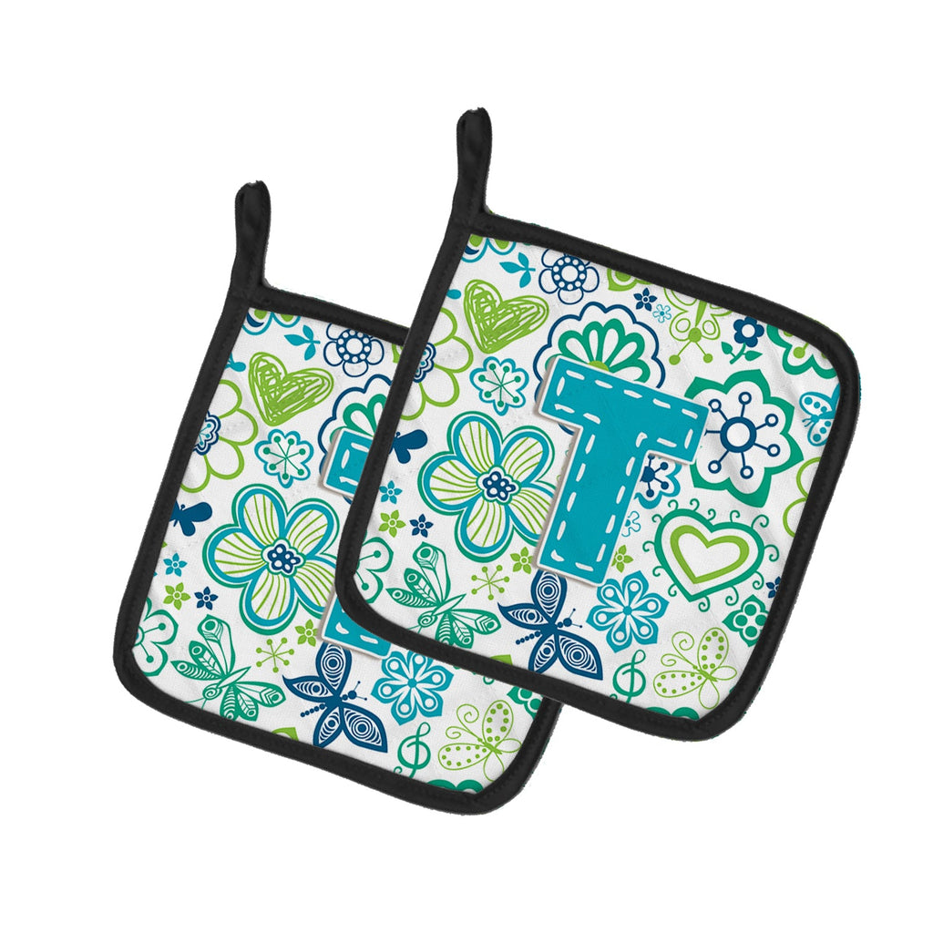Letter T Flowers and Butterflies Teal Blue Pot Holder Set of 2 Heat Resistant Quilted Hot Pads 7.5 x 7.5 Inch, Insulated Kitchen Trivets for Cooking & Baking