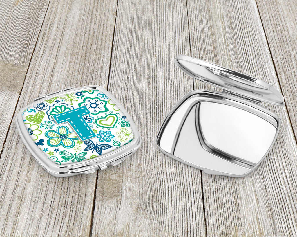 Letter T Flowers and Butterflies Teal Blue Compact Mirror Decorative Travel Makeup Mirror for Women Girls Gifts Pocket Makeup Mirror Folding Handheld