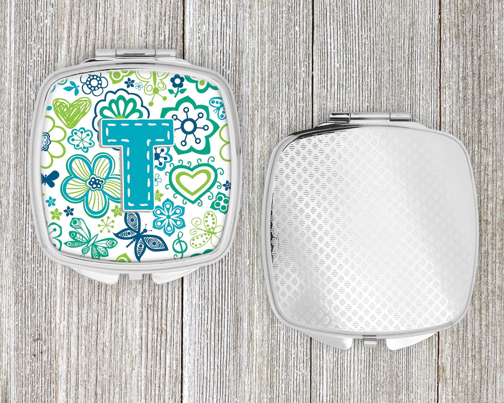 Letter T Flowers and Butterflies Teal Blue Compact Mirror Decorative Travel Makeup Mirror for Women Girls Gifts Pocket Makeup Mirror Folding Handheld