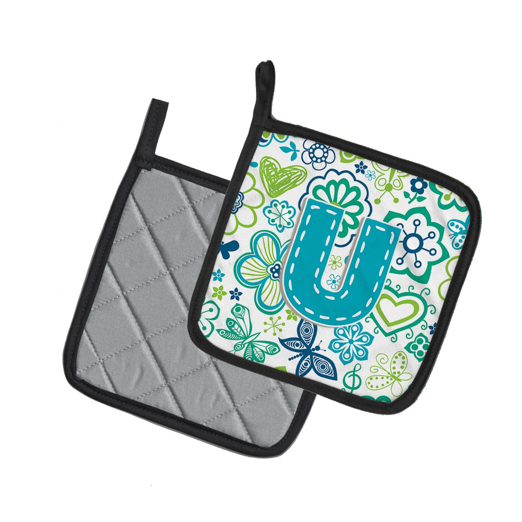 Letter U Flowers and Butterflies Teal Blue Pot Holder Set of 2 Heat Resistant Quilted Hot Pads 7.5 x 7.5 Inch, Insulated Kitchen Trivets for Cooking & Baking