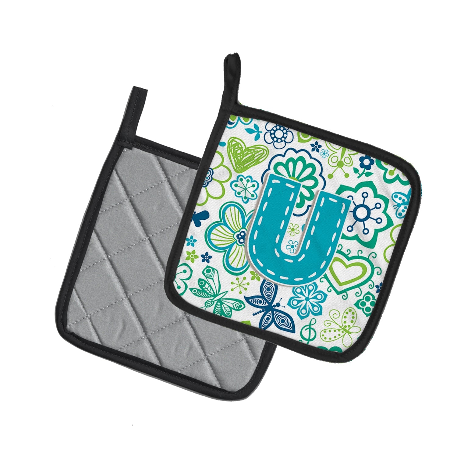 Letter U Flowers and Butterflies Teal Blue Pot Holder Set of 2 Heat Resistant Quilted Hot Pads 7.5 x 7.5 Inch, Insulated Kitchen Trivets for Cooking & Baking