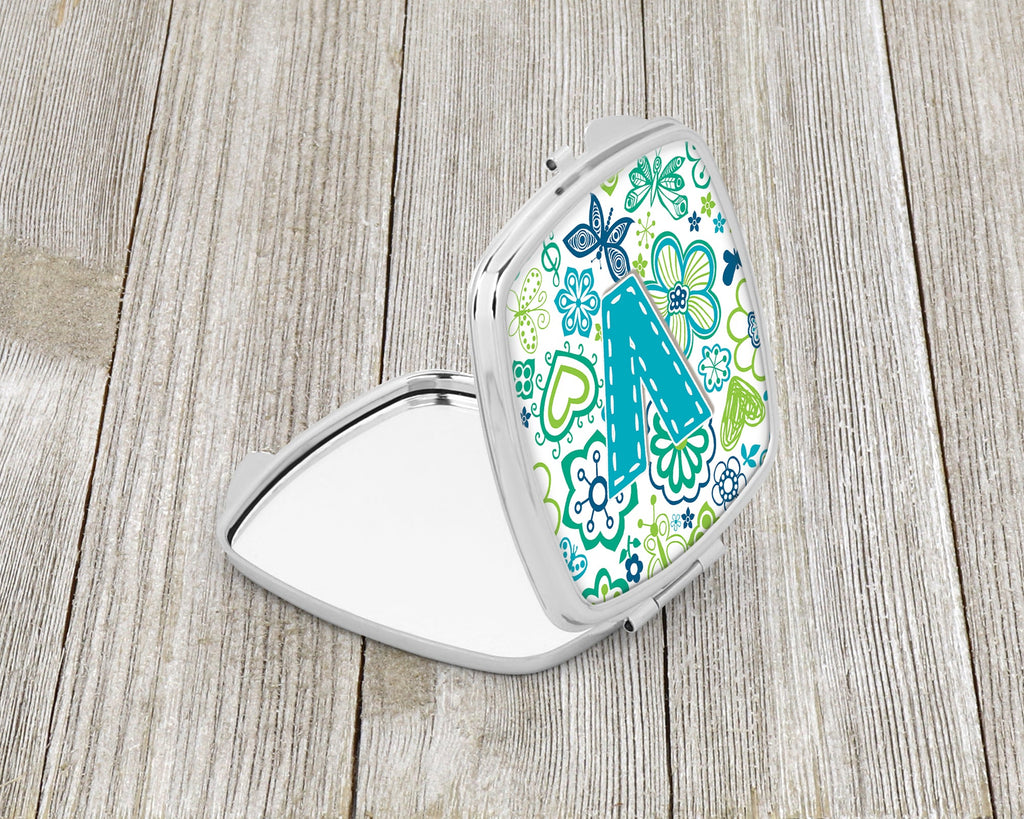 Letter V Flowers and Butterflies Teal Blue Compact Mirror Decorative Travel Makeup Mirror for Women Girls Gifts Pocket Makeup Mirror Folding Handheld