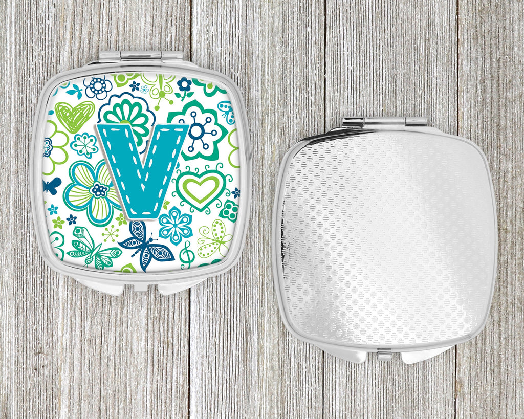 Letter V Flowers and Butterflies Teal Blue Compact Mirror Decorative Travel Makeup Mirror for Women Girls Gifts Pocket Makeup Mirror Folding Handheld