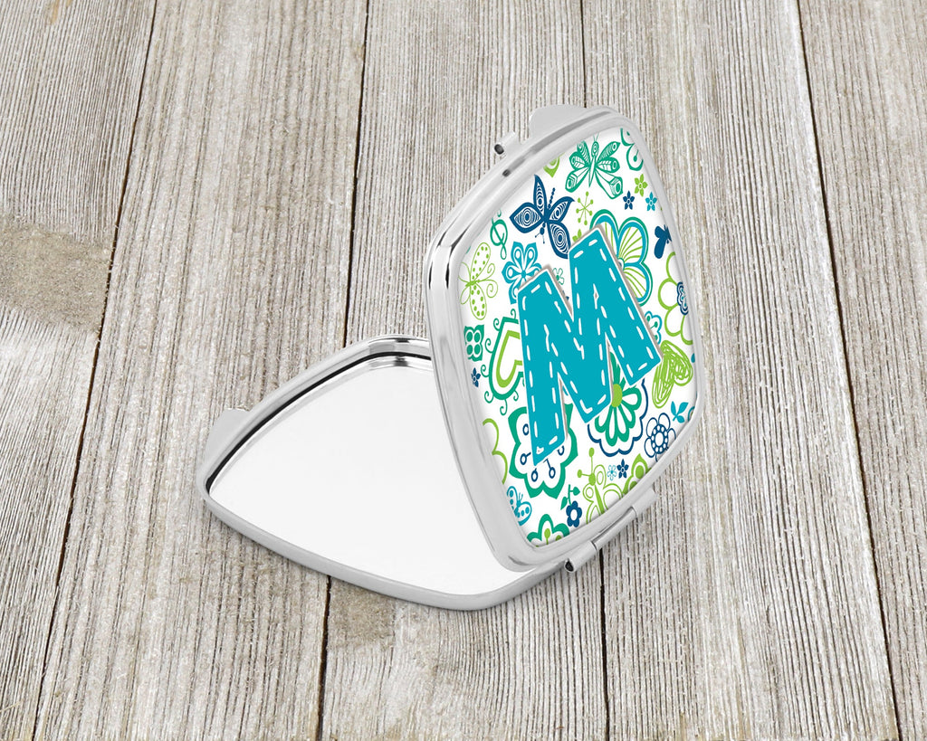 Letter W Flowers and Butterflies Teal Blue Compact Mirror Decorative Travel Makeup Mirror for Women Girls Gifts Pocket Makeup Mirror Folding Handheld