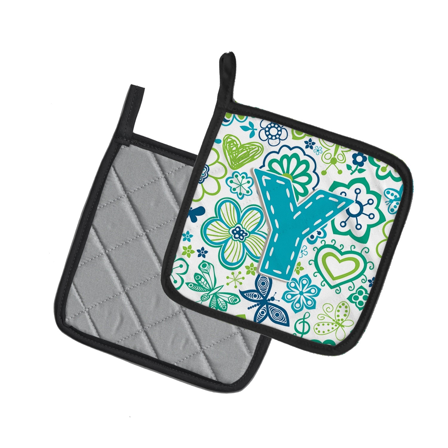 Letter Y Flowers and Butterflies Teal Blue Pot Holder Set of 2 Heat Resistant Quilted Hot Pads 7.5 x 7.5 Inch, Insulated Kitchen Trivets for Cooking & Baking