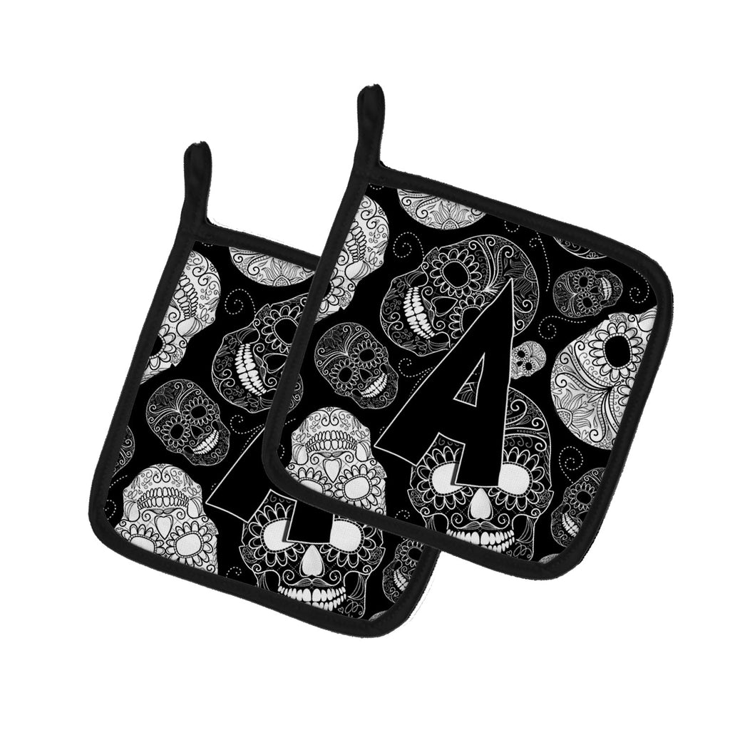 Letter A Day of the Dead Skulls Black Pot Holder Set of 2 Heat Resistant Quilted Hot Pads 7.5 x 7.5 Inch, Insulated Kitchen Trivets for Cooking & Baking