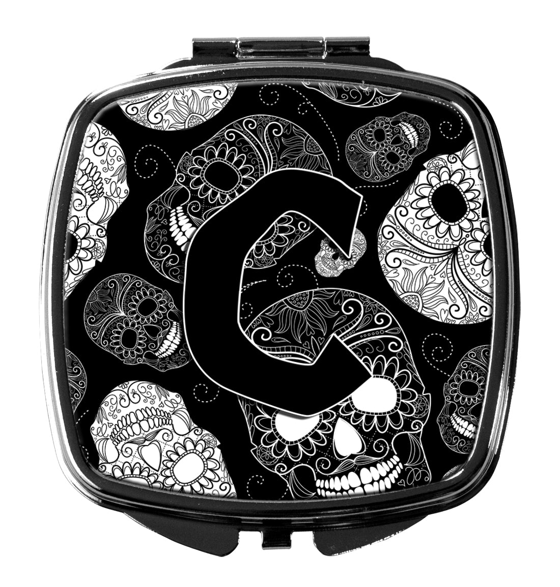 Letter C Day of the Dead Skulls Black Compact Mirror Decorative Travel Makeup Mirror for Women Girls Gifts Pocket Makeup Mirror Folding Handheld