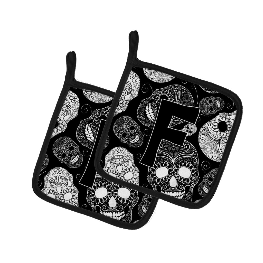 Letter F Day of the Dead Skulls Black Pot Holder Set of 2 Heat Resistant Quilted Hot Pads 7.5 x 7.5 Inch, Insulated Kitchen Trivets for Cooking & Baking