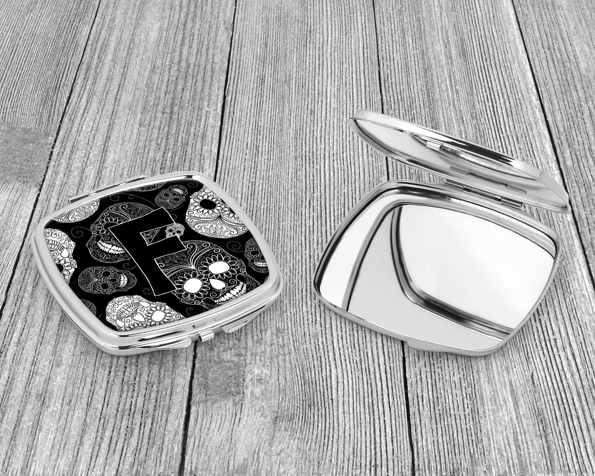 Letter F Day of the Dead Skulls Black Compact Mirror Decorative Travel Makeup Mirror for Women Girls Gifts Pocket Makeup Mirror Folding Handheld