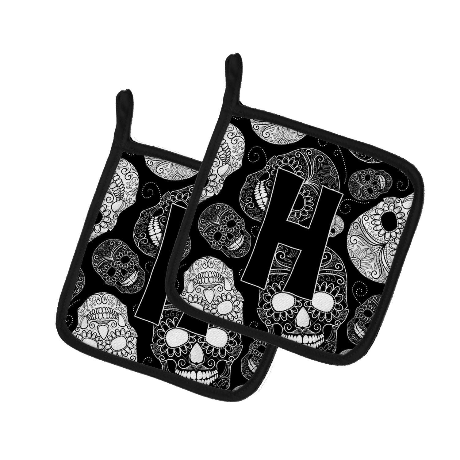 Letter H Day of the Dead Skulls Black Pot Holder Set of 2 Heat Resistant Quilted Hot Pads 7.5 x 7.5 Inch, Insulated Kitchen Trivets for Cooking & Baking