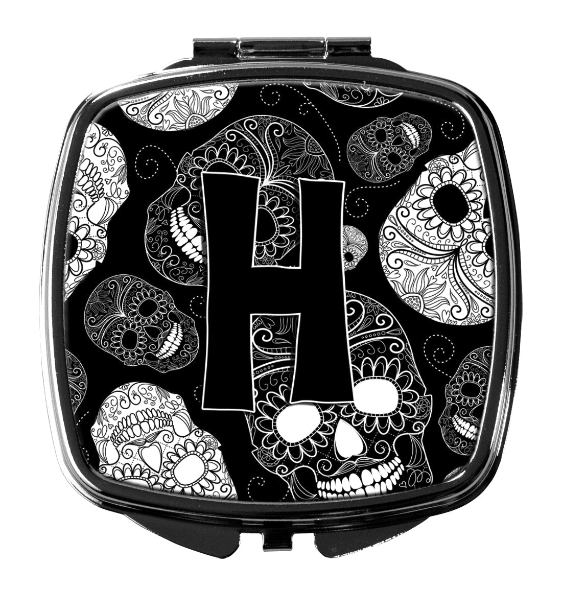 Letter H Day of the Dead Skulls Black Compact Mirror Decorative Travel Makeup Mirror for Women Girls Gifts Pocket Makeup Mirror Folding Handheld