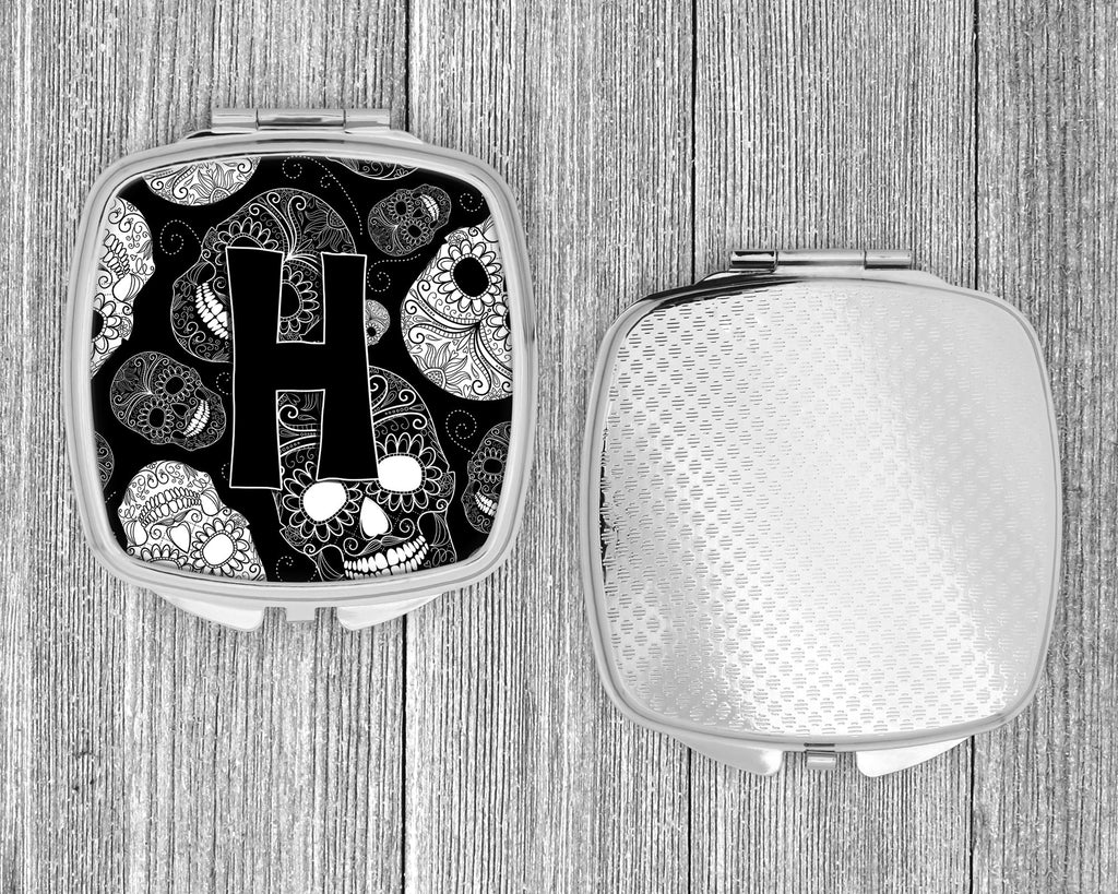 Letter H Day of the Dead Skulls Black Compact Mirror Decorative Travel Makeup Mirror for Women Girls Gifts Pocket Makeup Mirror Folding Handheld