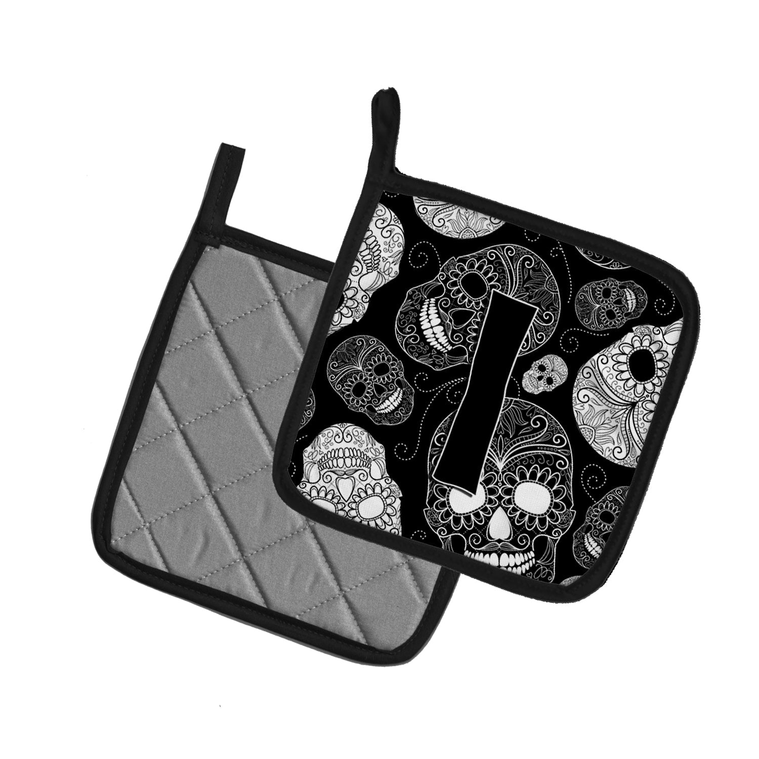Letter I Day of the Dead Skulls Black Pot Holder Set of 2 Heat Resistant Quilted Hot Pads 7.5 x 7.5 Inch, Insulated Kitchen Trivets for Cooking & Baking