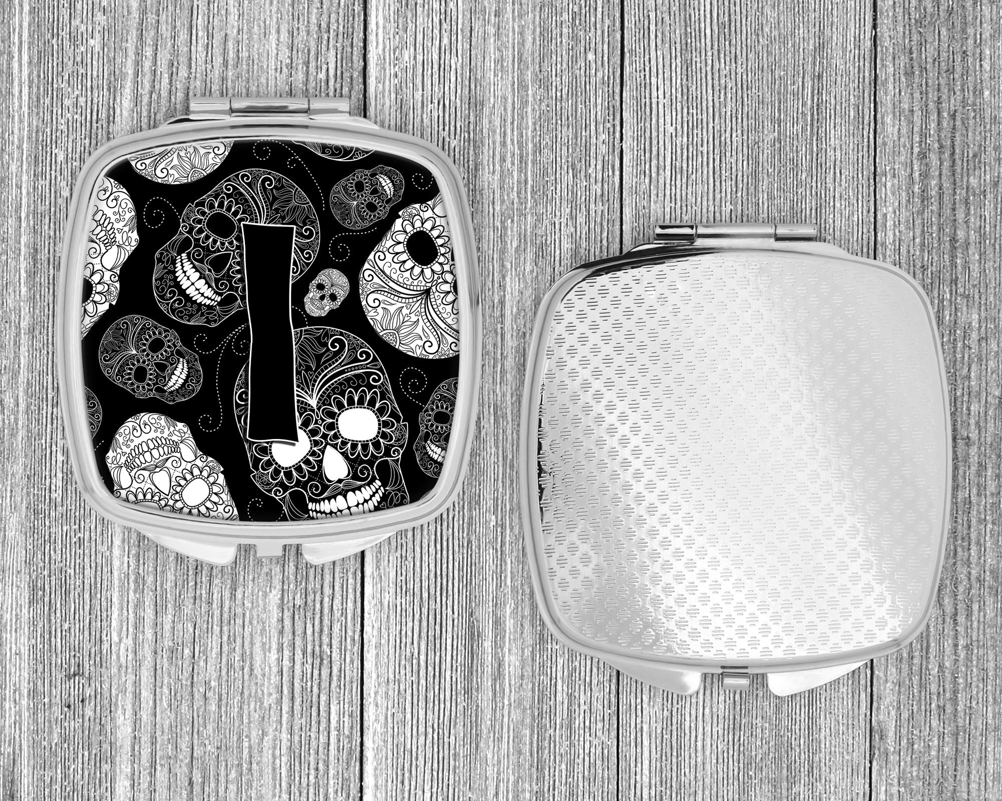 Letter I Day of the Dead Skulls Black Compact Mirror Decorative Travel Makeup Mirror for Women Girls Gifts Pocket Makeup Mirror Folding Handheld
