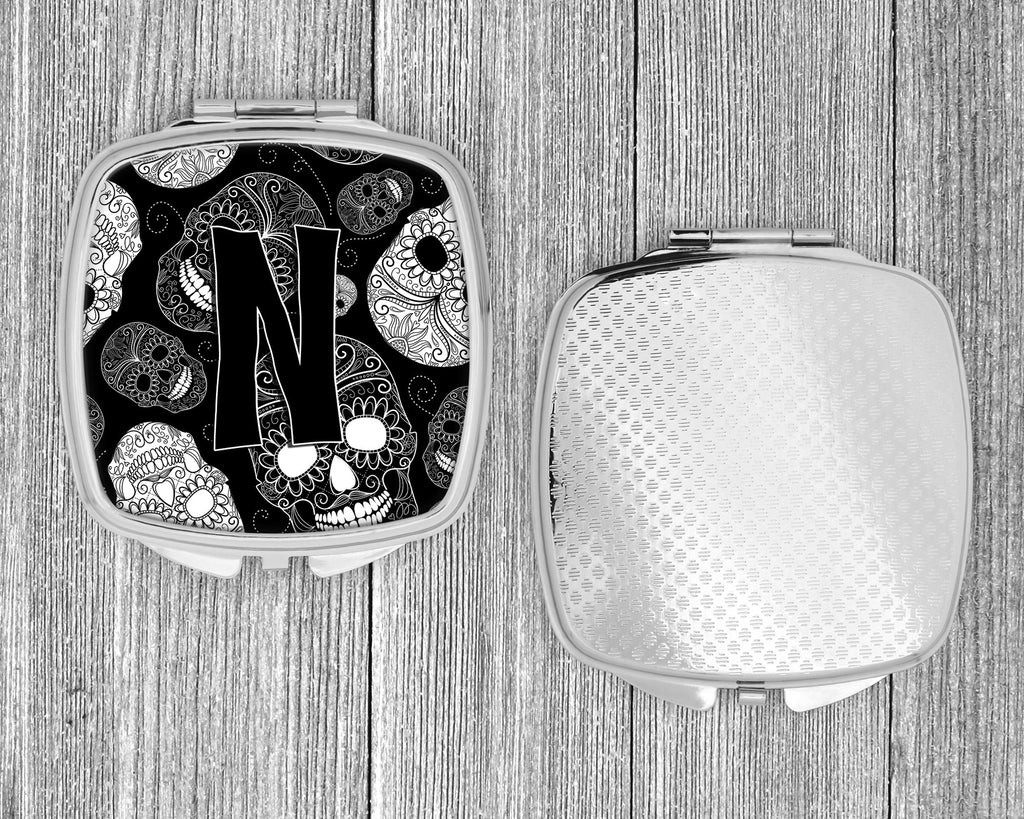 Letter N Day of the Dead Skulls Black Compact Mirror Decorative Travel Makeup Mirror for Women Girls Gifts Pocket Makeup Mirror Folding Handheld