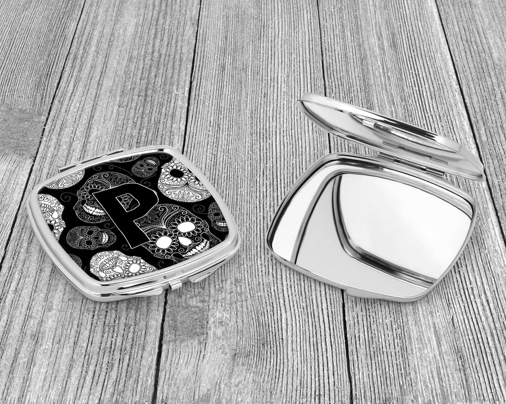 Letter P Day of the Dead Skulls Black Compact Mirror Decorative Travel Makeup Mirror for Women Girls Gifts Pocket Makeup Mirror Folding Handheld