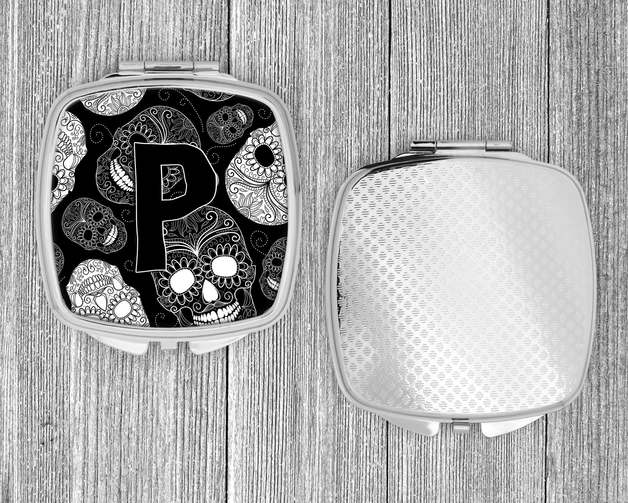 Letter P Day of the Dead Skulls Black Compact Mirror Decorative Travel Makeup Mirror for Women Girls Gifts Pocket Makeup Mirror Folding Handheld