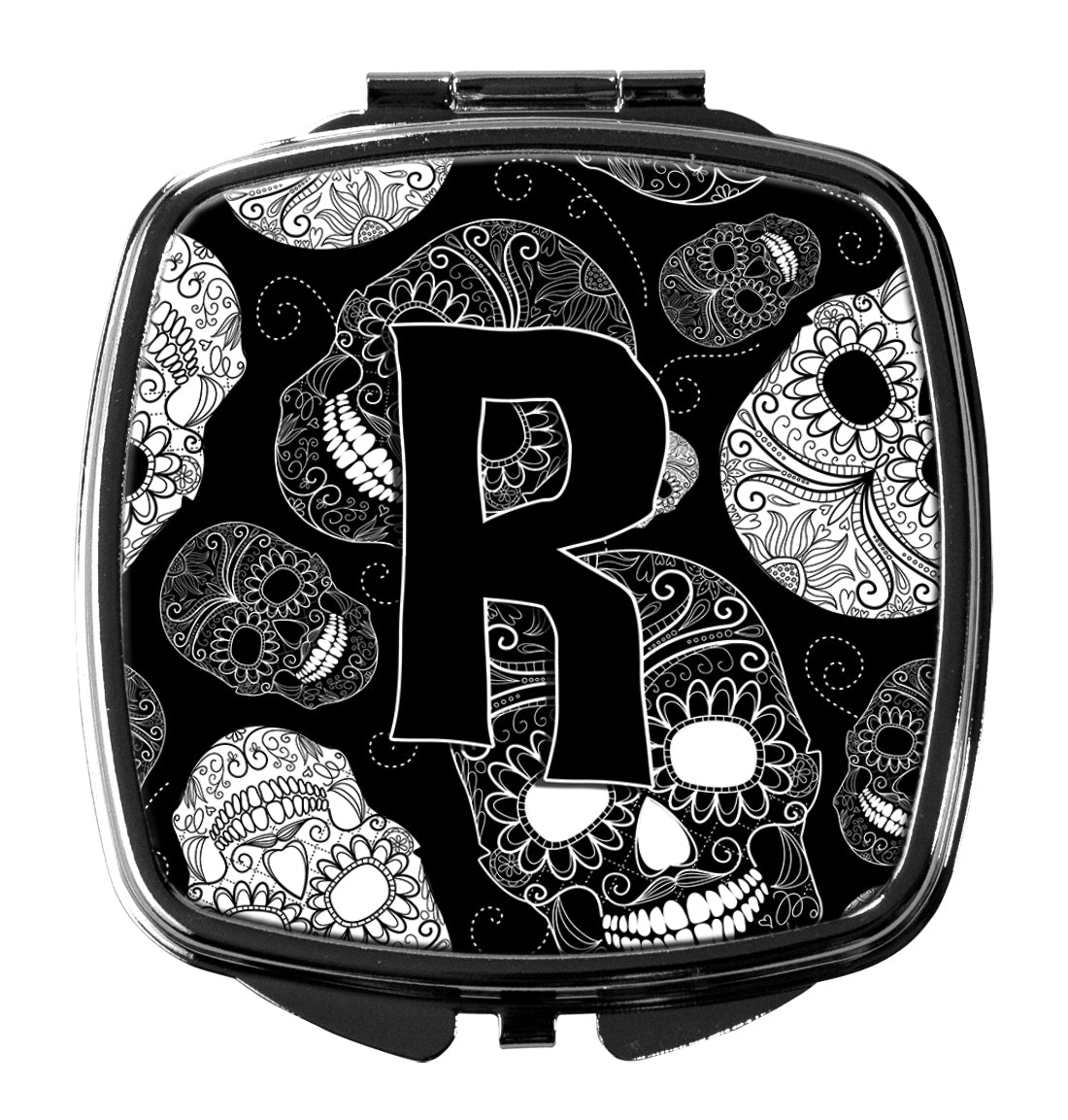Letter R Day of the Dead Skulls Black Compact Mirror Decorative Travel Makeup Mirror for Women Girls Gifts Pocket Makeup Mirror Folding Handheld