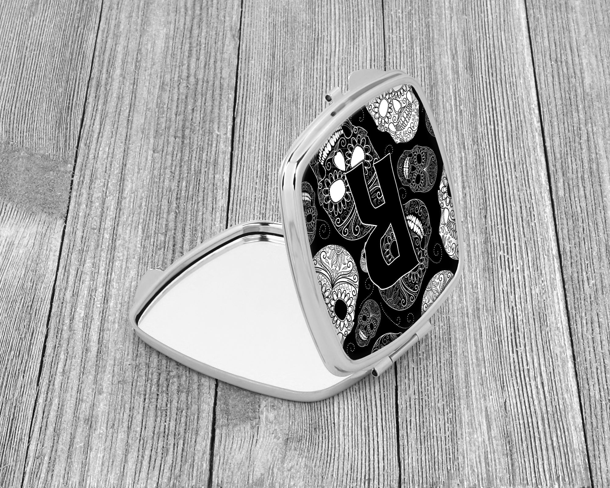 Letter R Day of the Dead Skulls Black Compact Mirror Decorative Travel Makeup Mirror for Women Girls Gifts Pocket Makeup Mirror Folding Handheld