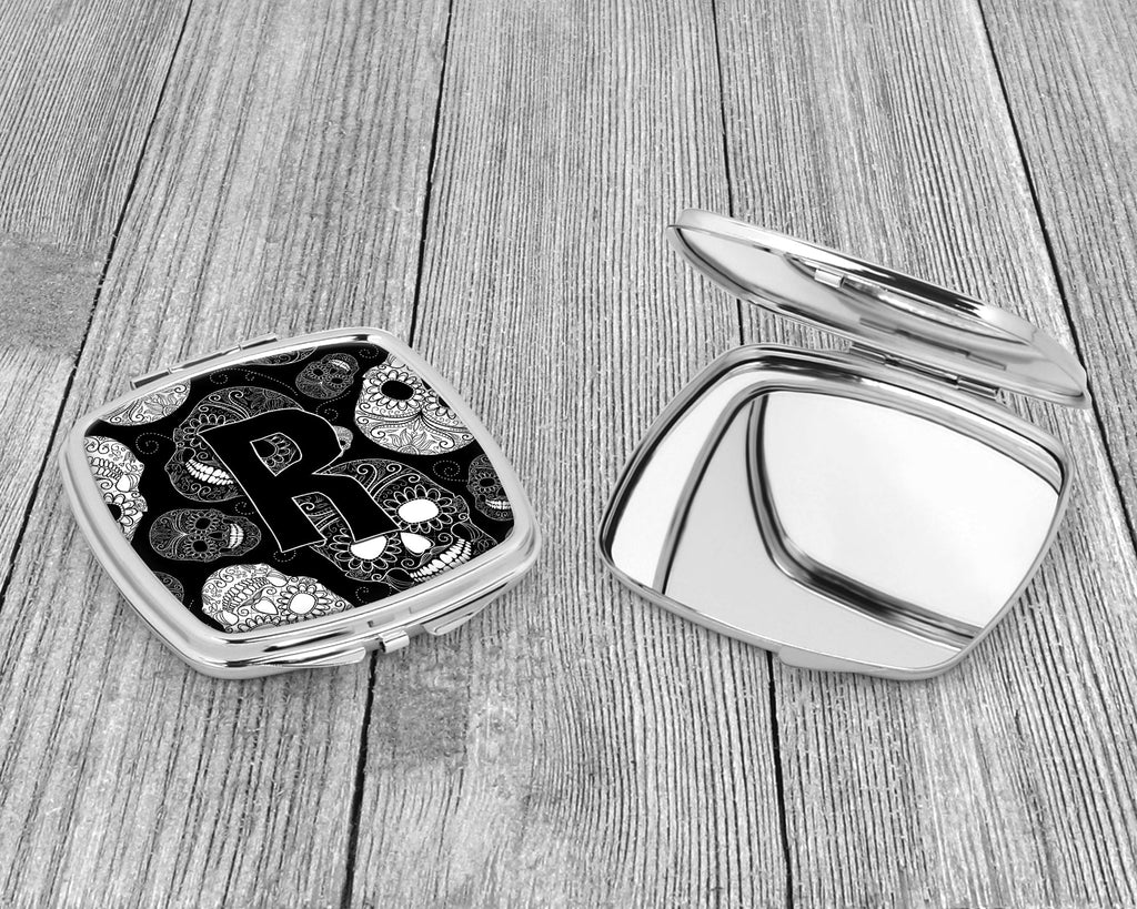 Letter R Day of the Dead Skulls Black Compact Mirror Decorative Travel Makeup Mirror for Women Girls Gifts Pocket Makeup Mirror Folding Handheld