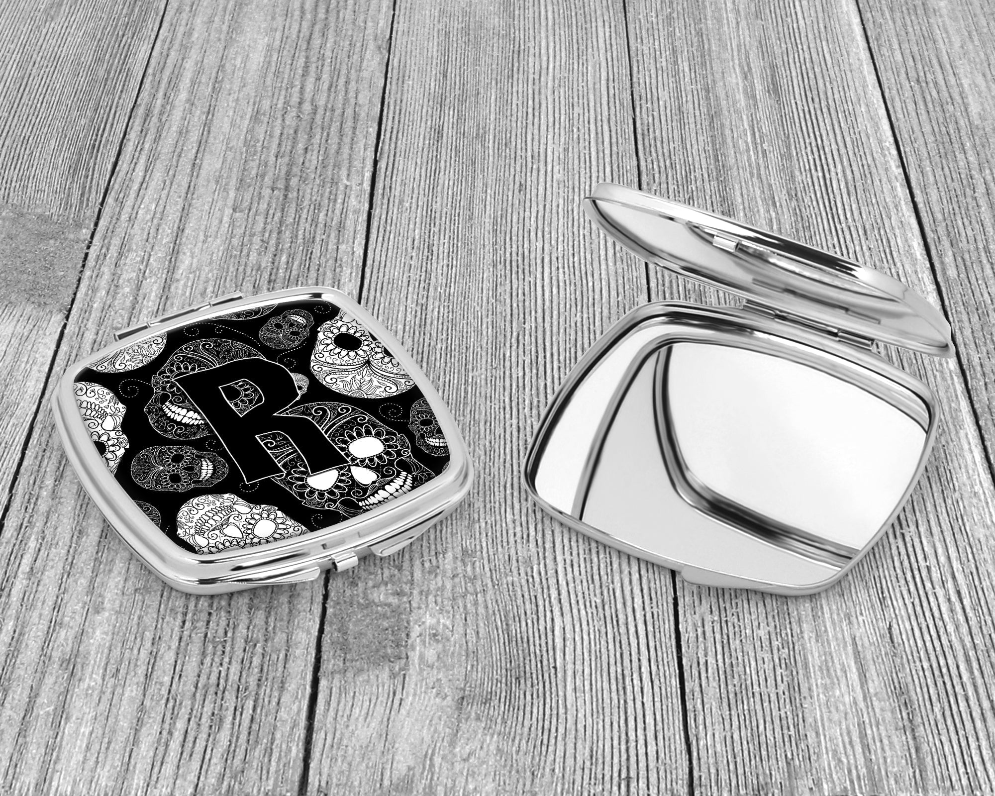 Letter R Day of the Dead Skulls Black Compact Mirror Decorative Travel Makeup Mirror for Women Girls Gifts Pocket Makeup Mirror Folding Handheld