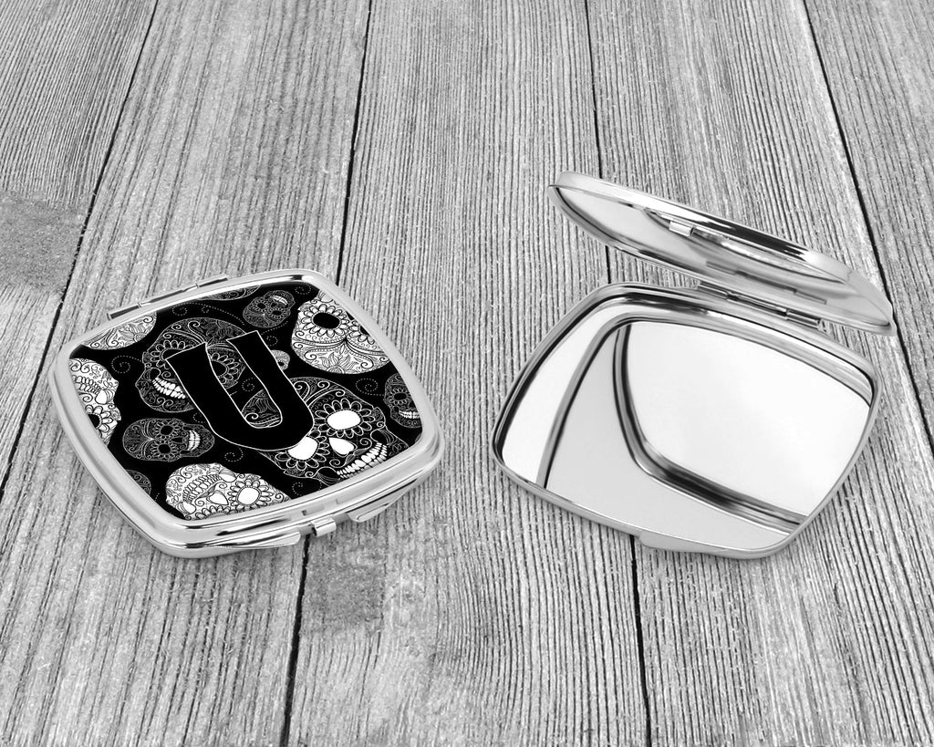 Letter U Day of the Dead Skulls Black Compact Mirror Decorative Travel Makeup Mirror for Women Girls Gifts Pocket Makeup Mirror Folding Handheld