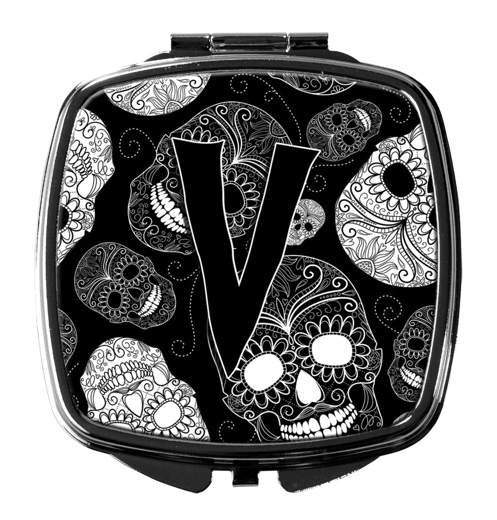 Letter V Day of the Dead Skulls Black Compact Mirror Decorative Travel Makeup Mirror for Women Girls Gifts Pocket Makeup Mirror Folding Handheld