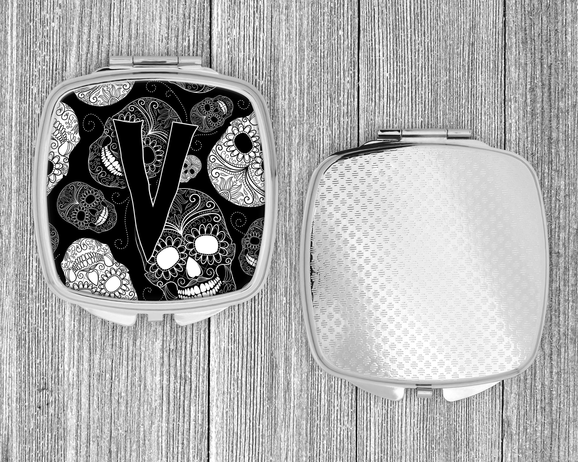 Letter V Day of the Dead Skulls Black Compact Mirror Decorative Travel Makeup Mirror for Women Girls Gifts Pocket Makeup Mirror Folding Handheld