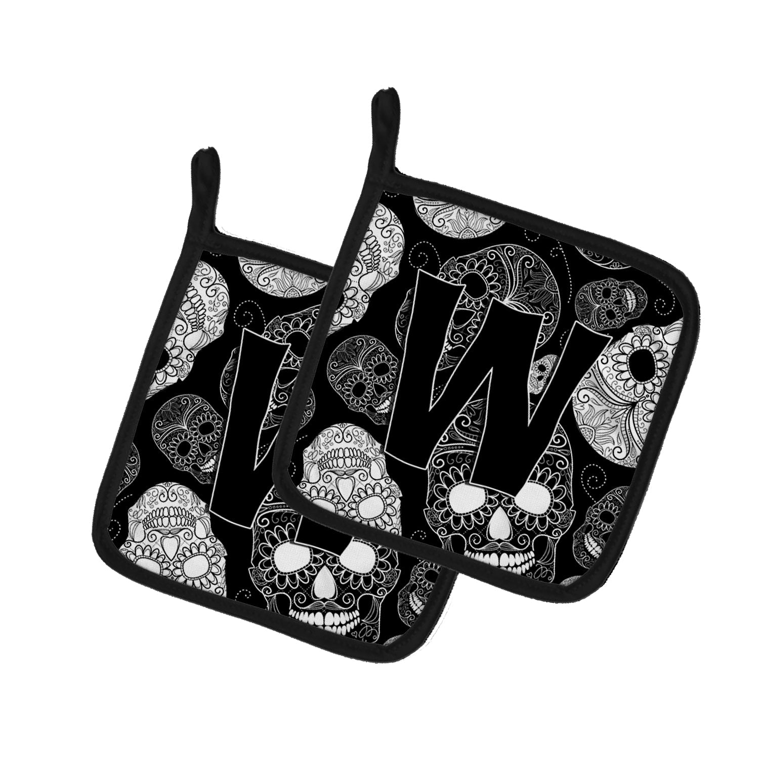 Letter W Day of the Dead Skulls Black Pot Holder Set of 2 Heat Resistant Quilted Hot Pads 7.5 x 7.5 Inch, Insulated Kitchen Trivets for Cooking & Baking