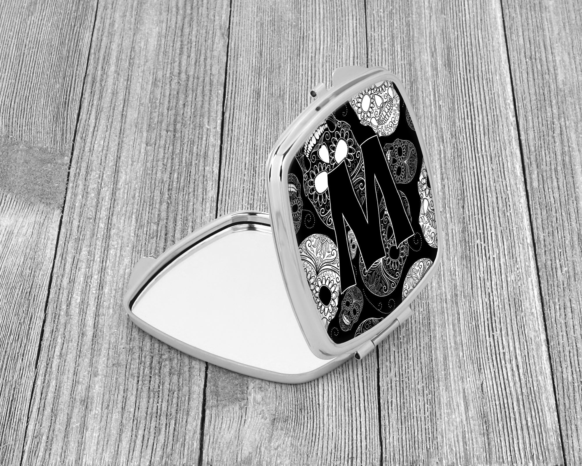 Letter W Day of the Dead Skulls Black Compact Mirror Decorative Travel Makeup Mirror for Women Girls Gifts Pocket Makeup Mirror Folding Handheld