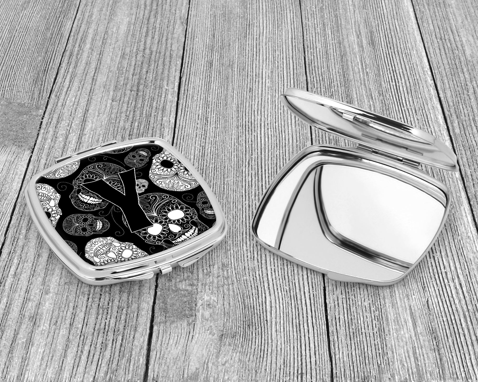 Letter Y Day of the Dead Skulls Black Compact Mirror Decorative Travel Makeup Mirror for Women Girls Gifts Pocket Makeup Mirror Folding Handheld