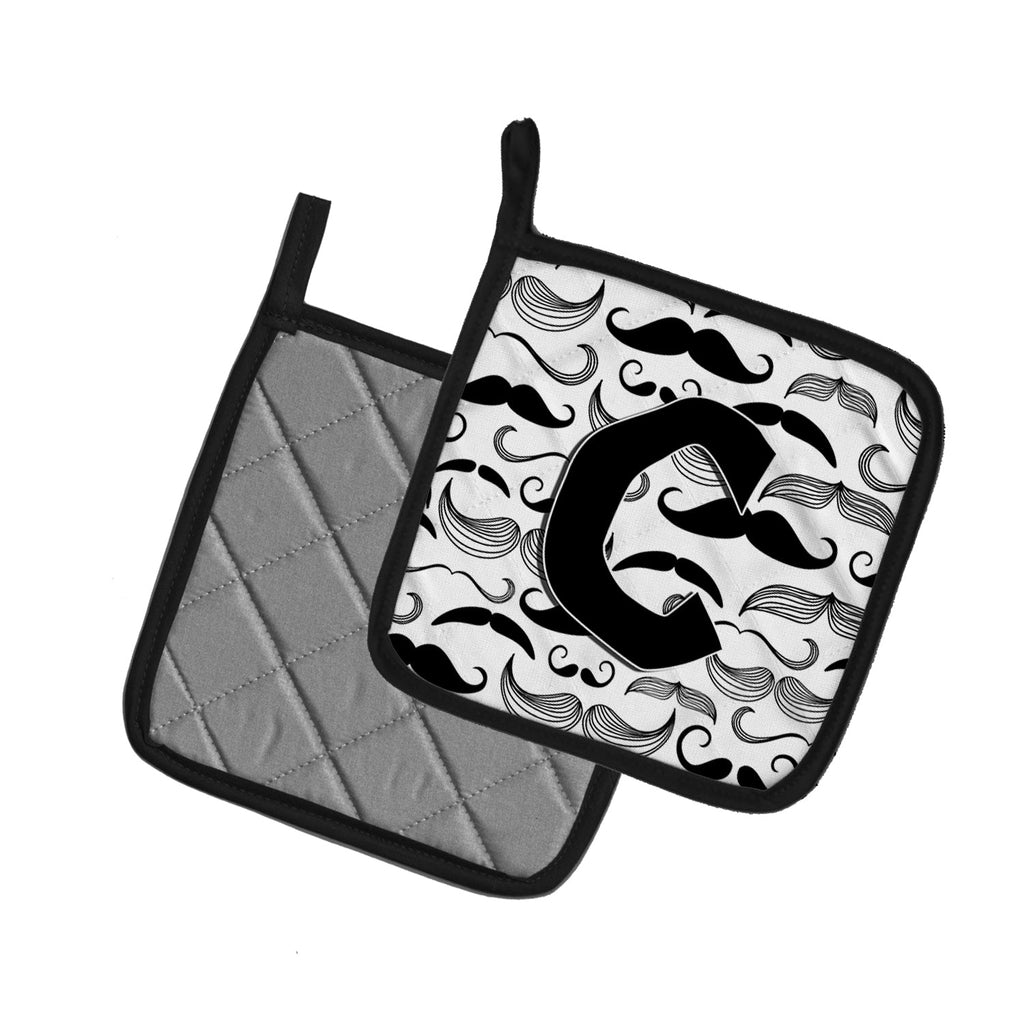 Letter C Moustache Initial Pot Holder Set of 2 Heat Resistant Quilted Hot Pads 7.5 x 7.5 Inch, Insulated Kitchen Trivets for Cooking & Baking