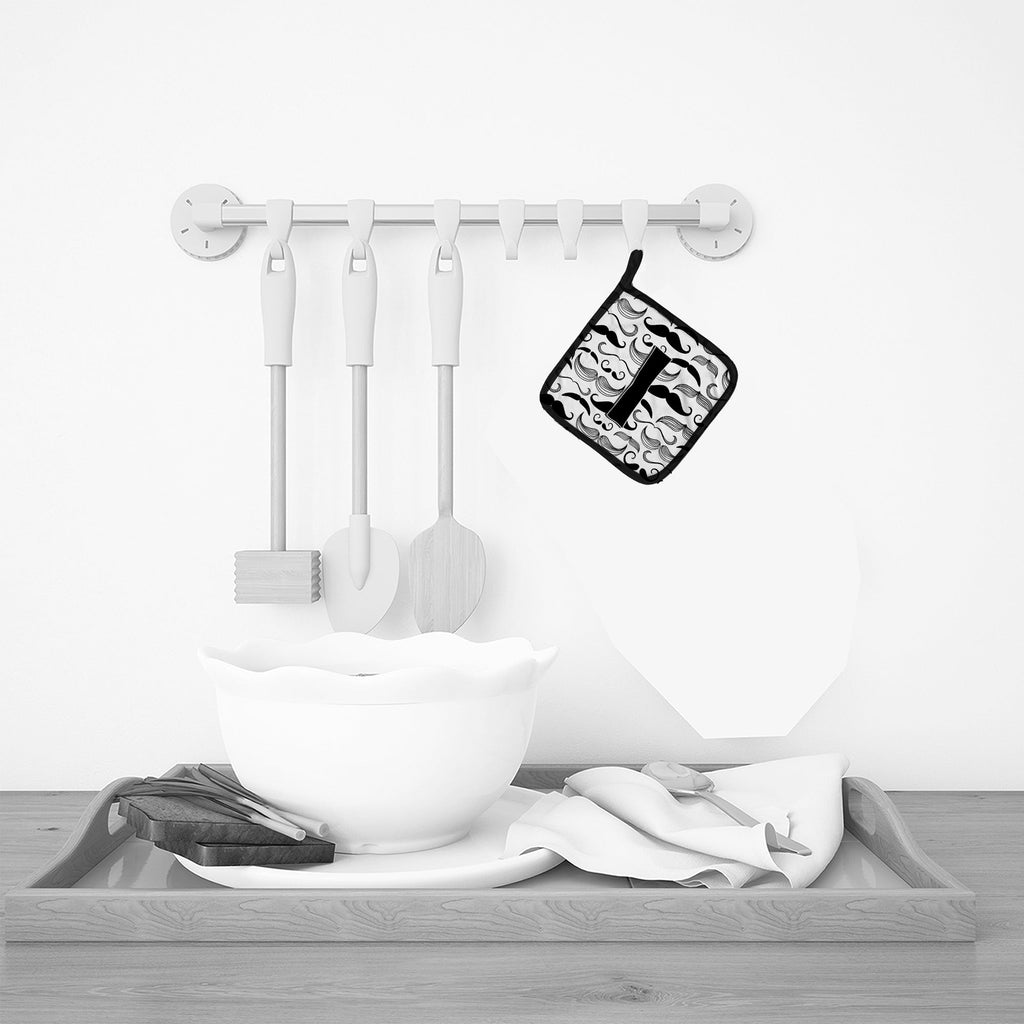 Letter I Moustache Initial Pot Holder Set of 2 Heat Resistant Quilted Hot Pads 7.5 x 7.5 Inch, Insulated Kitchen Trivets for Cooking & Baking