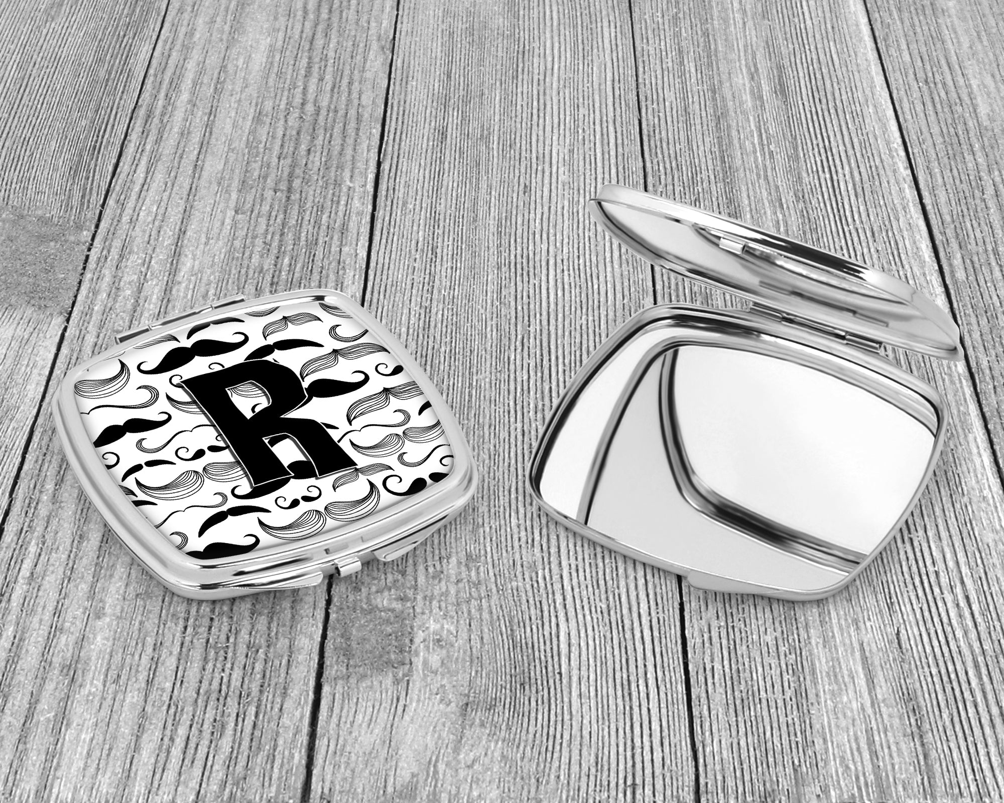 Letter R Moustache Initial Compact Mirror Decorative Travel Makeup Mirror for Women Girls Gifts Pocket Makeup Mirror Folding Handheld