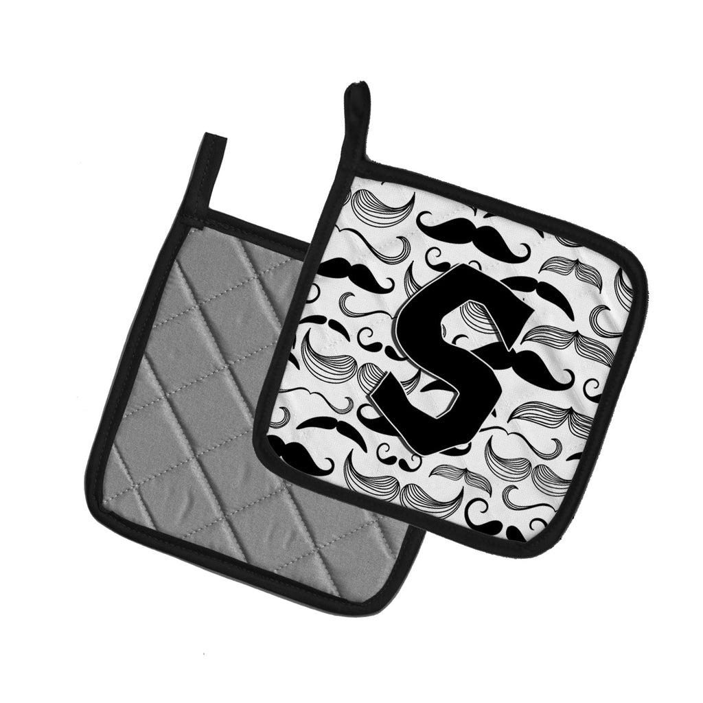 Letter S Moustache Initial Pot Holder Set of 2 Heat Resistant Quilted Hot Pads 7.5 x 7.5 Inch, Insulated Kitchen Trivets for Cooking & Baking