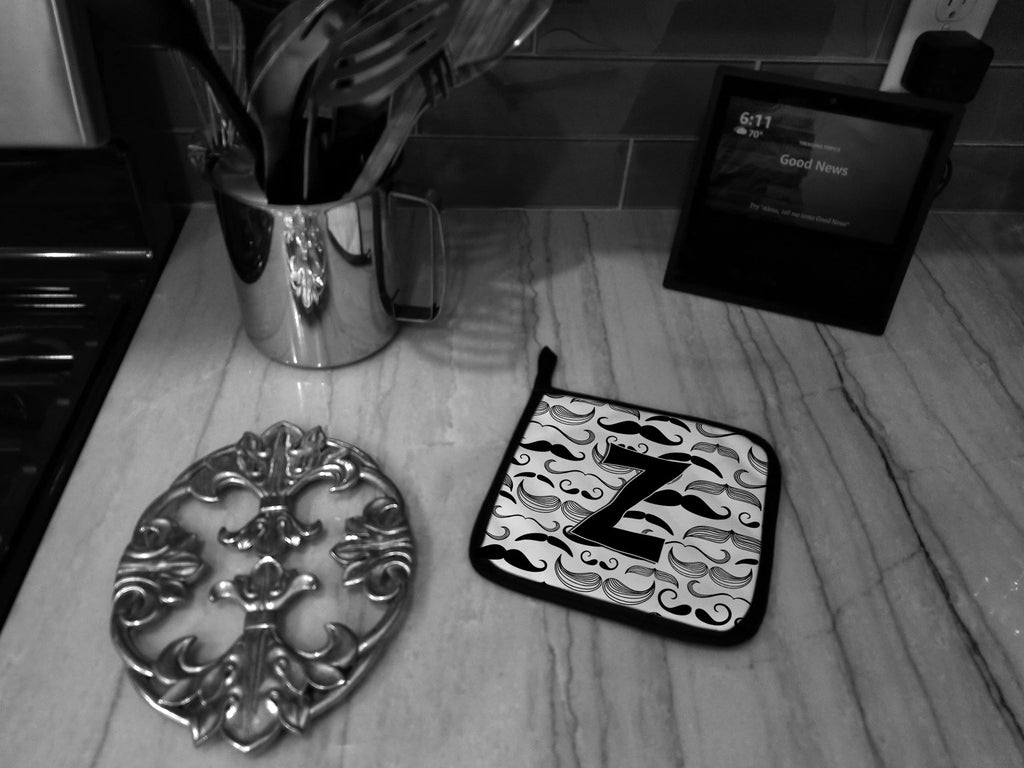 Letter Z Moustache Initial Pot Holder Set of 2 Heat Resistant Quilted Hot Pads 7.5 x 7.5 Inch, Insulated Kitchen Trivets for Cooking & Baking