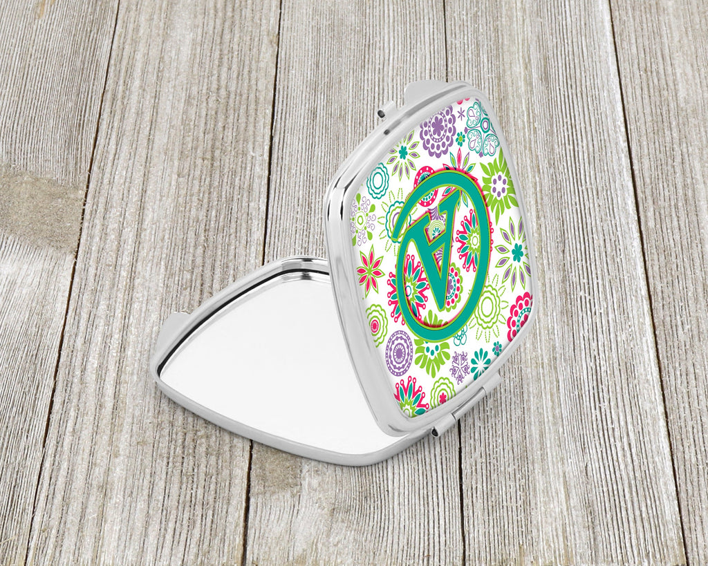 Letter A Flowers Pink Teal Green Initial Compact Mirror Decorative Travel Makeup Mirror for Women Girls Gifts Pocket Makeup Mirror Folding Handheld
