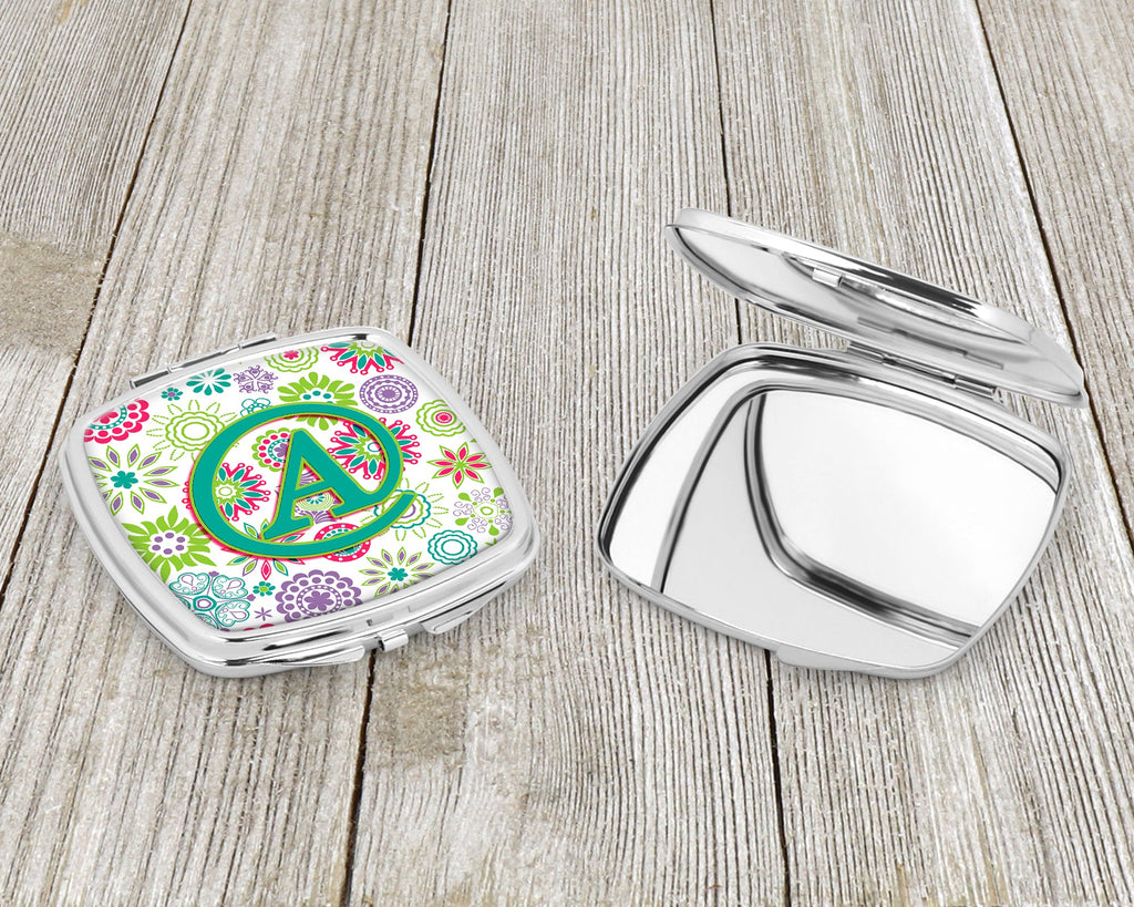 Letter A Flowers Pink Teal Green Initial Compact Mirror Decorative Travel Makeup Mirror for Women Girls Gifts Pocket Makeup Mirror Folding Handheld