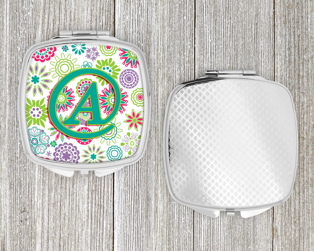Letter A Flowers Pink Teal Green Initial Compact Mirror Decorative Travel Makeup Mirror for Women Girls Gifts Pocket Makeup Mirror Folding Handheld