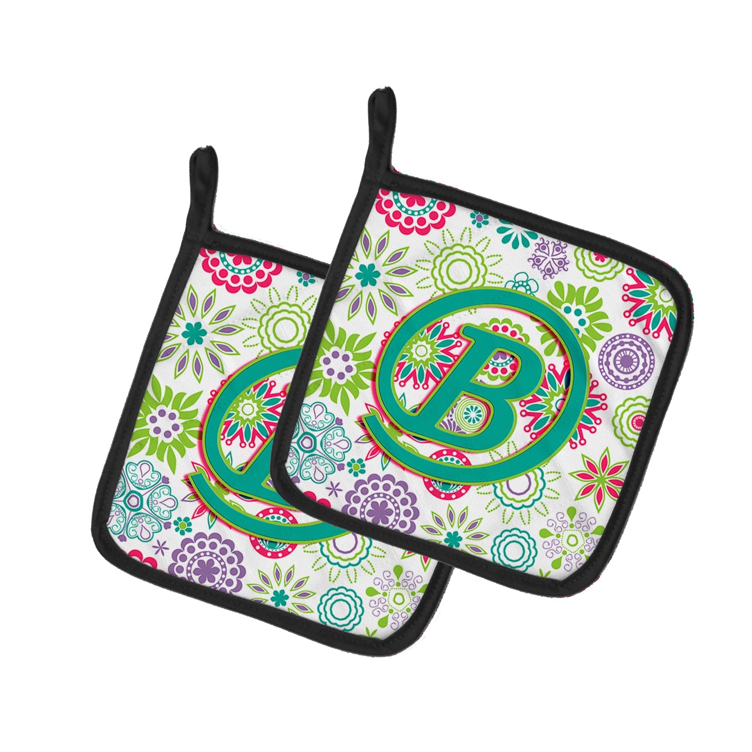 Letter B Flowers Pink Teal Green Initial Pot Holder Set of 2 Heat Resistant Quilted Hot Pads 7.5 x 7.5 Inch, Insulated Kitchen Trivets for Cooking & Baking