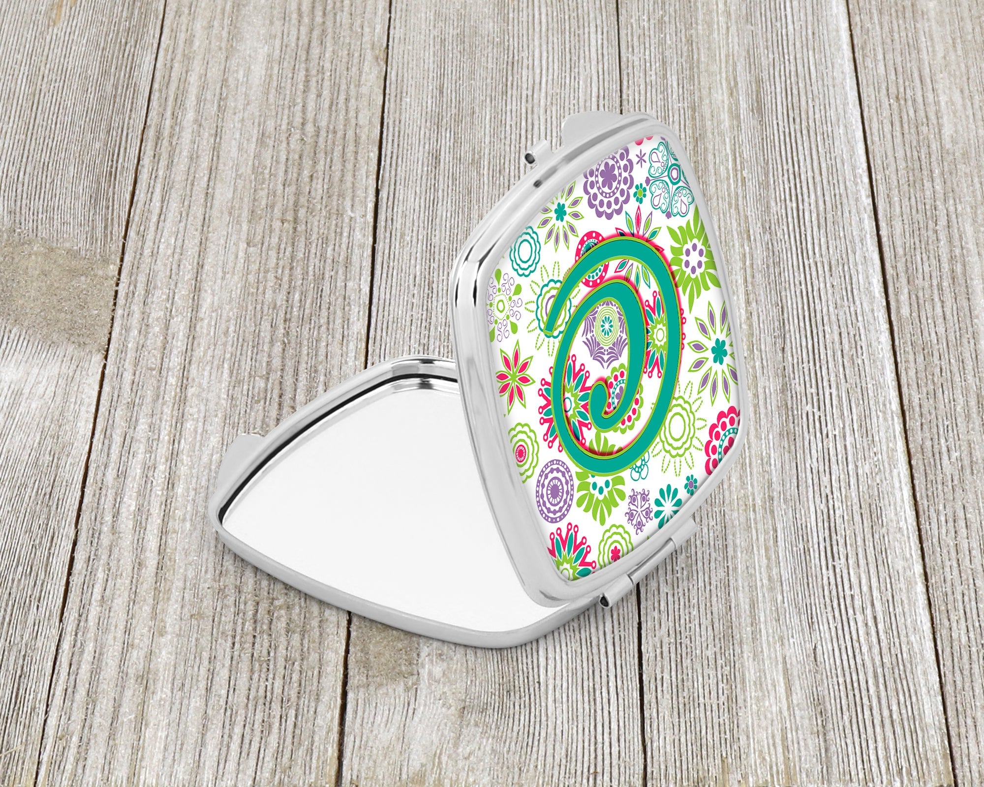Letter C Flowers Pink Teal Green Initial Compact Mirror Decorative Travel Makeup Mirror for Women Girls Gifts Pocket Makeup Mirror Folding Handheld