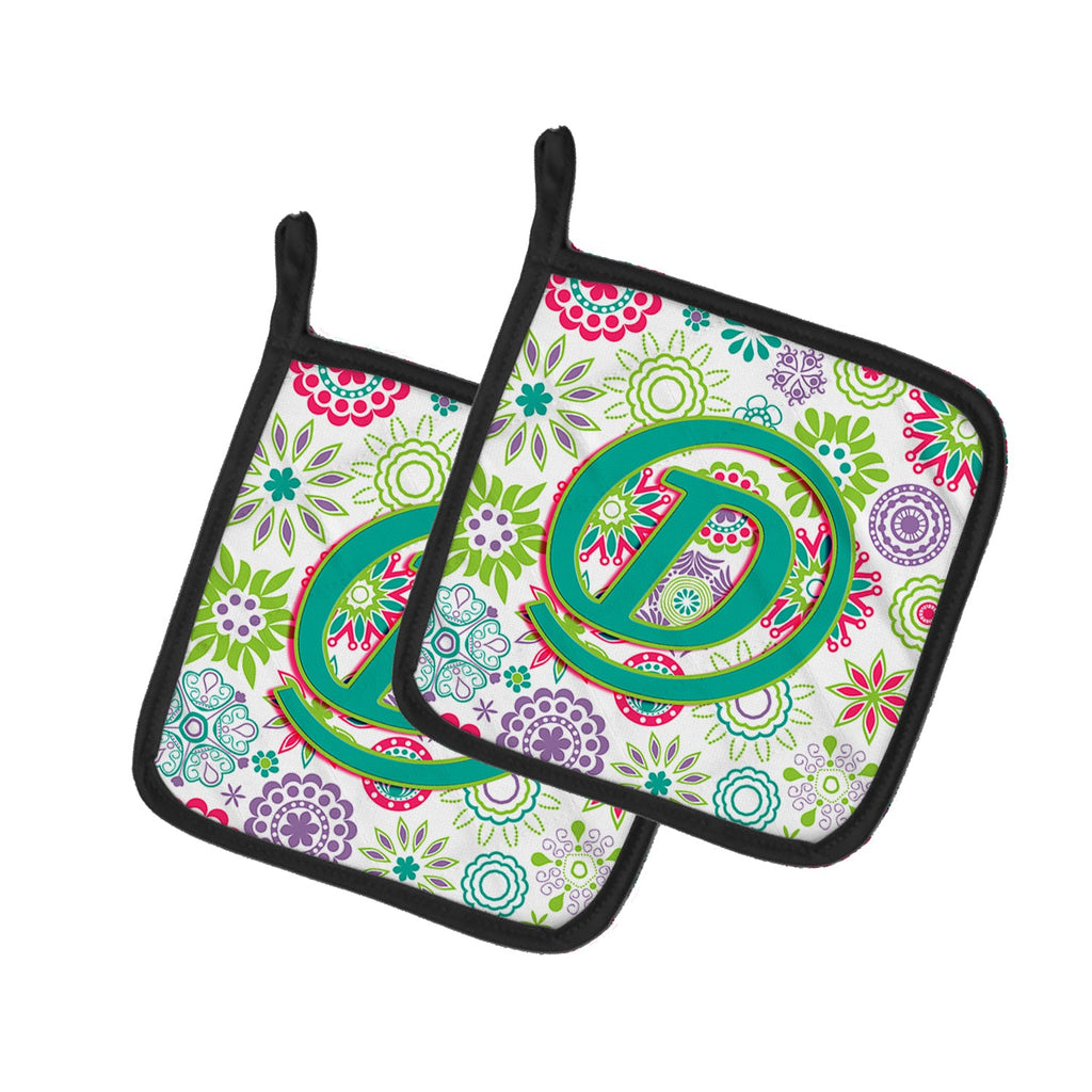 Letter D Flowers Pink Teal Green Initial Pot Holder Set of 2 Heat Resistant Quilted Hot Pads 7.5 x 7.5 Inch, Insulated Kitchen Trivets for Cooking & Baking