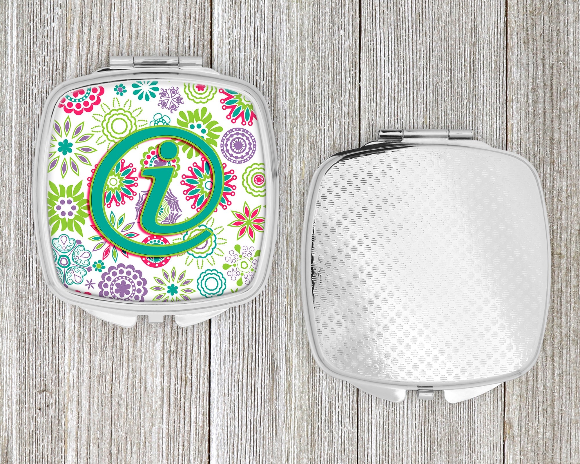 Letter I Flowers Pink Teal Green Initial Compact Mirror Decorative Travel Makeup Mirror for Women Girls Gifts Pocket Makeup Mirror Folding Handheld