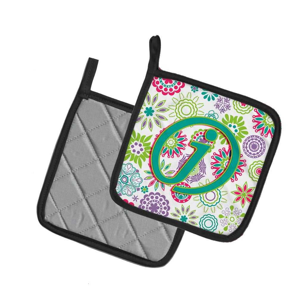 Letter J Flowers Pink Teal Green Initial Pot Holder Set of 2 Heat Resistant Quilted Hot Pads 7.5 x 7.5 Inch, Insulated Kitchen Trivets for Cooking & Baking