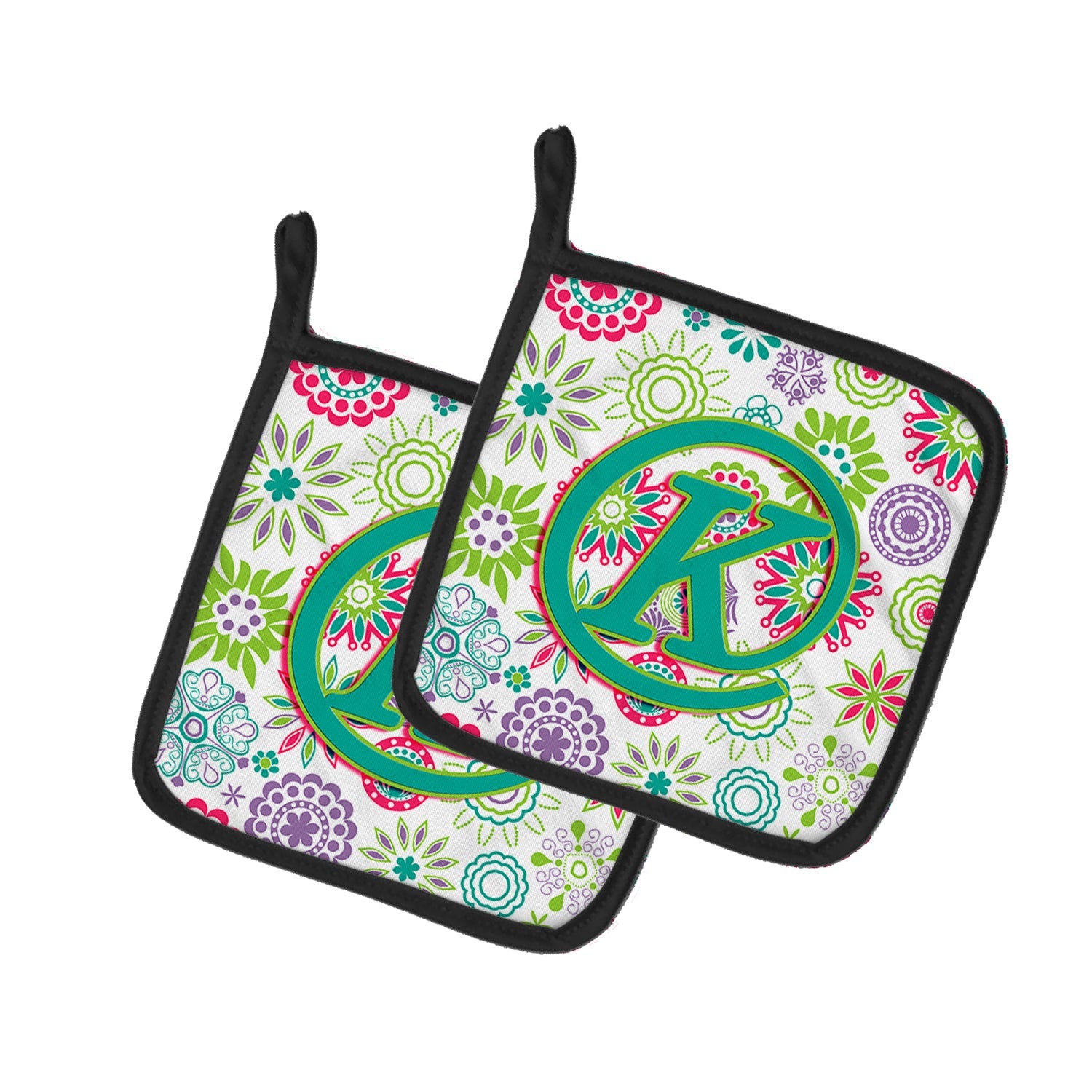 Letter K Flowers Pink Teal Green Initial Pot Holder Set of 2 Heat Resistant Quilted Hot Pads 7.5 x 7.5 Inch, Insulated Kitchen Trivets for Cooking & Baking